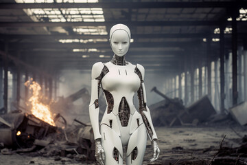 White high tech futuristic woman robot android destroying the world full on fire. Rise of the machines. flame on the background. Ai generated art. Cinematic style - obrazy, fototapety, plakaty