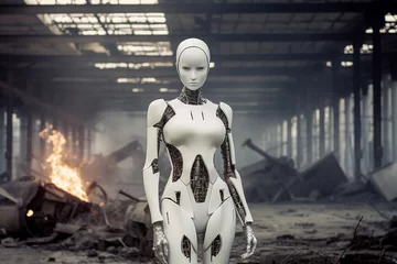 Fotobehang White high tech futuristic woman robot android destroying the world full on fire. Rise of the machines. flame on the background. Ai generated art. Cinematic style © Pavel