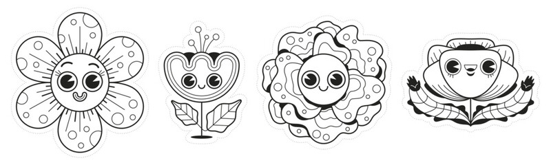 Illustration aux contours en noir en blanc pour coloriage, thème floral et jardin, personnage de fleurs avec un sourire et des pétales, amusant et original, vecteur modifiable