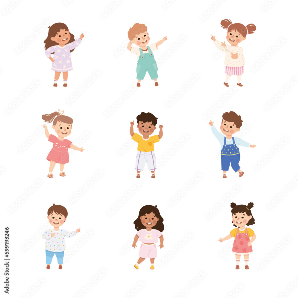 Poster kid characters pointing at something with their finger vector set