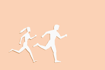Fototapeta na wymiar A woman runs after a man. Silhouette. Beige background. Concept.