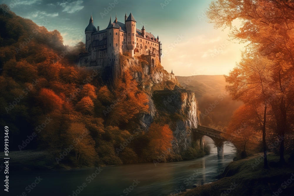 Poster a picture of a castle perched on the edge of a cliff generative ai