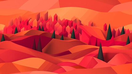 Abstract landscape poster. Beautiful sunset forest hills Minimalistic mountain seamless pattern mountains, generative AI