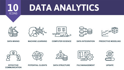 Data analytics outline set. Creative icons: data minig, machine learning, computer science, data integration, predictive modeling, effective communication, potential clients, data structure, file