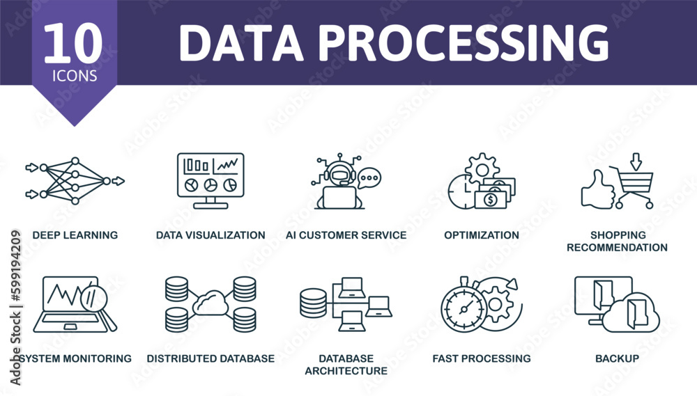 Poster data processing outline set. creative icons: deep learning, data visualization, ai customer service,