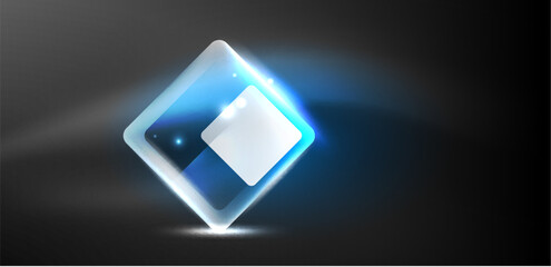 Neon speed arrow and line shapes background. Hi-tech concept with shiny backdrop. Bright flare light effect in the dark