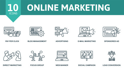 Online marketing outline set. Creative icons: pay per click, blog management, advertising, e-mail marketing, sponsored ad, direct marketing, focus group, web banner, social campaing, lead conversion.