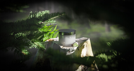 The template of a jar with organic cream is showcased on a trimmed tree stump in the forest. The concept of cosmetics based on forest products. 3d render