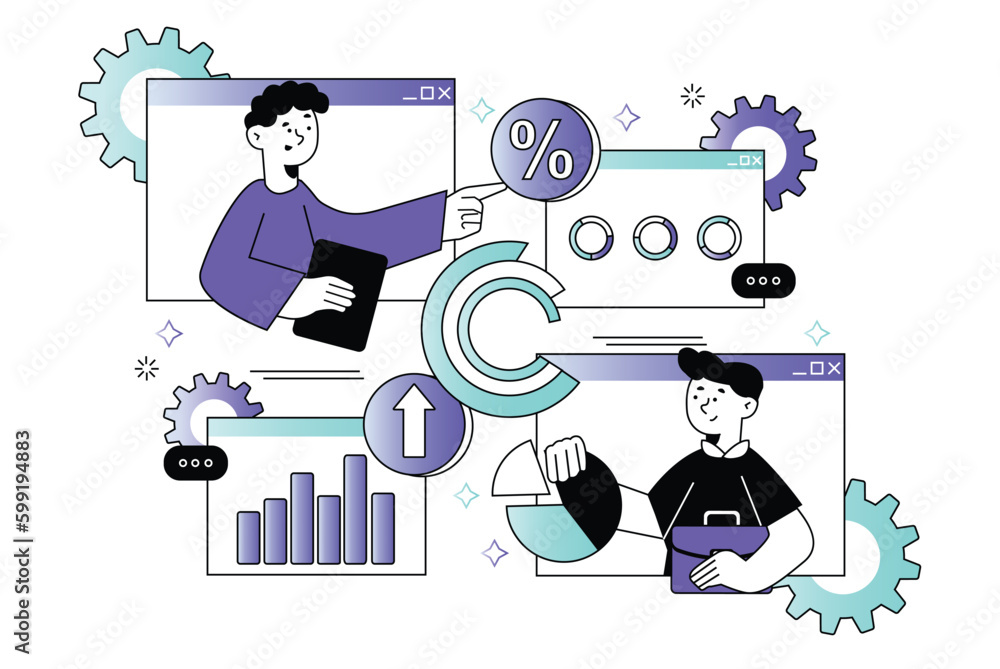 Poster data analysis waist height concept with people scene in the flat cartoon style. data processing spec