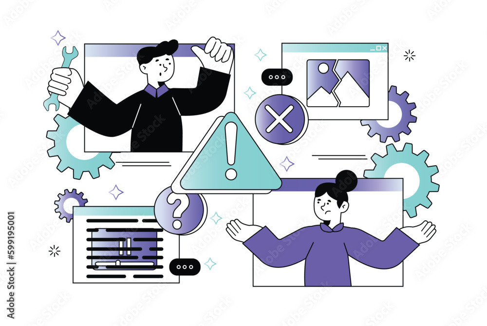 Poster error waist-height concept with people scene in the flat cartoon style. team of technical specialist