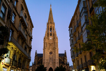 View of "Good Shepherd of San Sebastián Cathedral" luminated at night. Beautiful catholic church situated in the center of the city. Neo-Gothic style. 