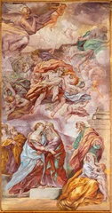 Fotobehang NAPLES, ITALY - APRIL 20, 2023: The fresco of Visitation in church Basilica di Santa Maria degli Angeli a Pizzofalcone by  Giovan Battista Beinaschi (1668 - 1675). © Renáta Sedmáková