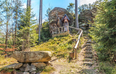 Bear Rock (Medvedia skala) with the chapel of St. Hubertus in the Veľký Polom nature reserve in...