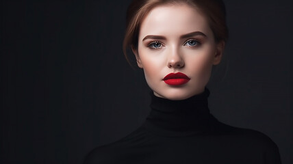 Girl in Black Perfect Makeup. Beauty Fashion. Red Lips , generative AI tools 