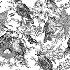 Vector seamless spring pattern in engraving style. Two nightingales at the nest on a forsythia branch and flowering trees. Magnolia, mimosa, cherry blossom, lilac, wisteria