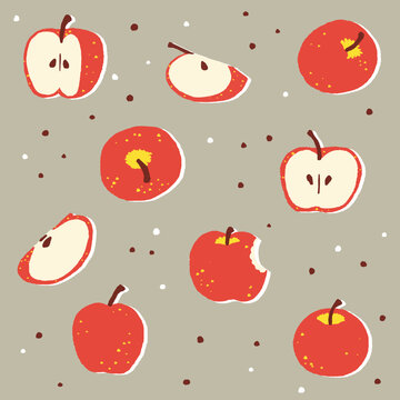 Vector illustration of red apple fruit pattern. Juicy organic fruits background for fabric, paper, decor, decoration, print. Apples isolated.