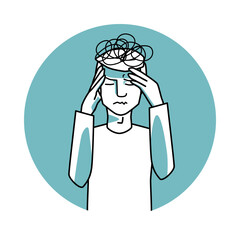 Stressed man with emotion of anxiety, facial expression with gestures. Stressful mood male, expressing his worry feelings. Green vector circle icon.