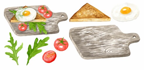 Set elements traditional breakfast toast with fried egg, tomatoes and herbs on cutting board. Hand drawn watercolor illustration isolated on white background. Template for design.