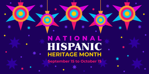 Hispanic heritage month. Vector web banner, poster, card for social media, networks. Greeting with national Hispanic heritage month text, floral pattern on blue background.