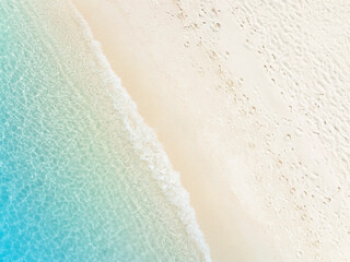 Aerial view with beach in wave of turquoise sea water shot, Top view of beautiful white sand background