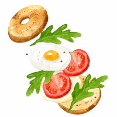 Flying bagel, sandwich, burger with egg, tomatoes, pepper and herbs. Delicious breakfast. Hand drawn watercolor illustration isolated on white background. Template for design.