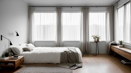 Fototapeta premium A minimalist bedroom with a simple white bed and gray walls