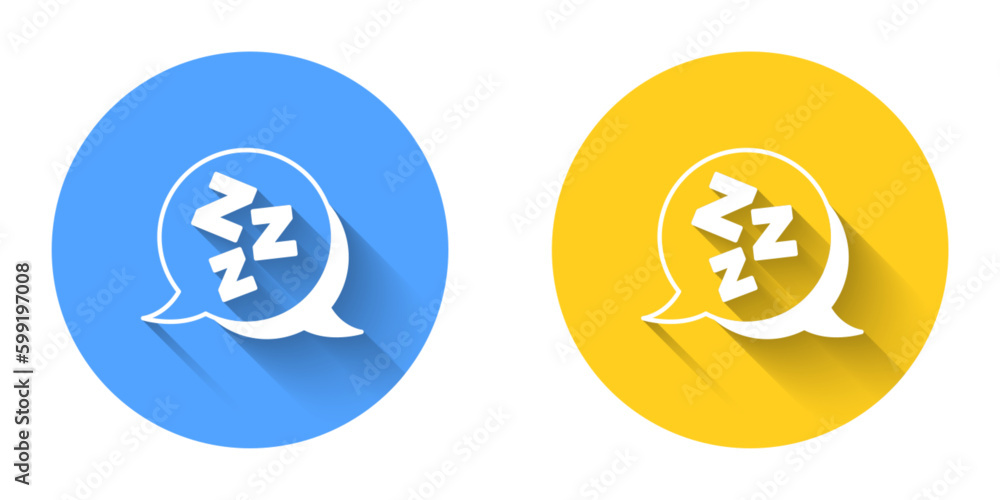 Poster white sleepy icon isolated with long shadow background. sleepy zzz talk bubble. circle button. vecto