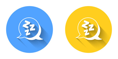 White Sleepy icon isolated with long shadow background. Sleepy zzz talk bubble. Circle button. Vector