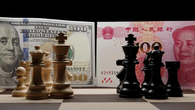 Dollar and yuan with chess pieces, A metaphor for the competition between the Chinese yuan and the US Dollar. Economic and financial war. Concept of crisis