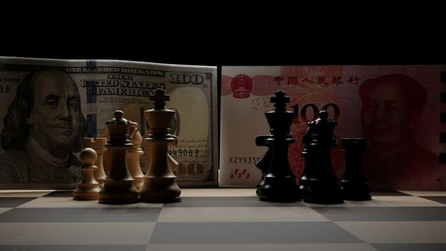 Dollar and yuan with chess pieces, A metaphor for the competition between the Chinese yuan and the US Dollar. Economic and financial war. Concept of crisis