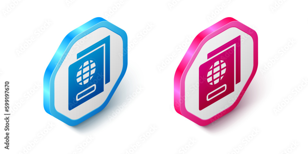 Poster isometric passport with biometric data icon isolated on white background. identification document. h