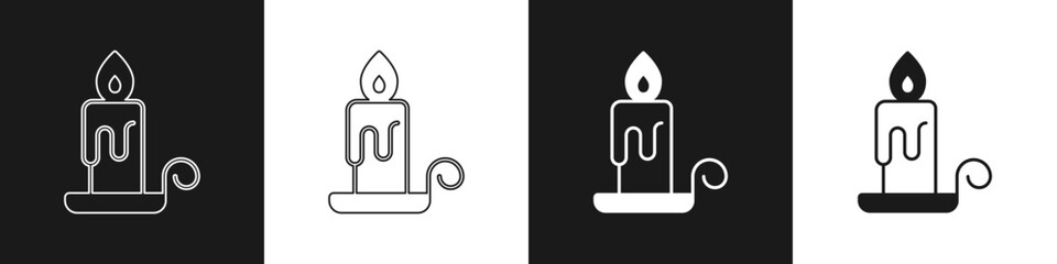 Set Burning candle in candlestick icon isolated on black and white background. Cylindrical candle stick with burning flame. Vector