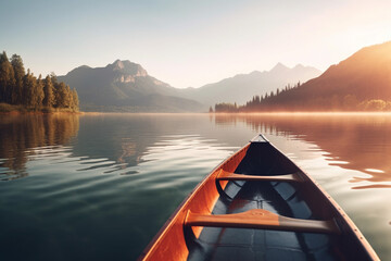 Fototapeta premium Canoe floating on a serene mountain lake surrounded by tall pine trees on a peaceful morning. Ai generated