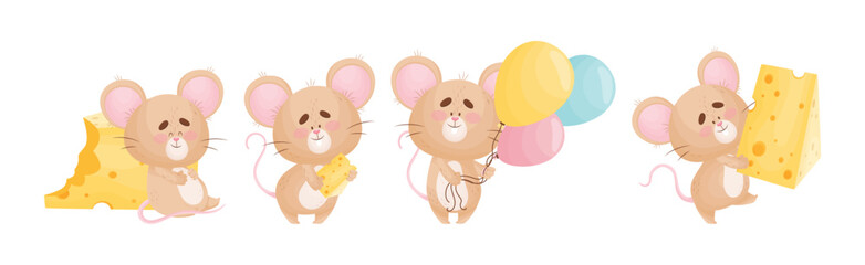 Cute Little Mouse Character Engaged in Different Activity Vector Set