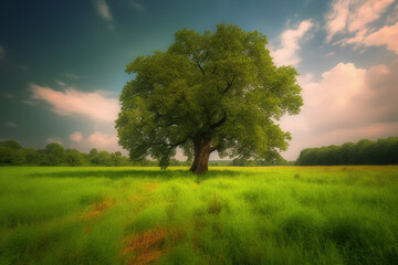 Oak Tree in Meadow. Calming landscape of a meadow with an oak tree in the middle.Ai generated