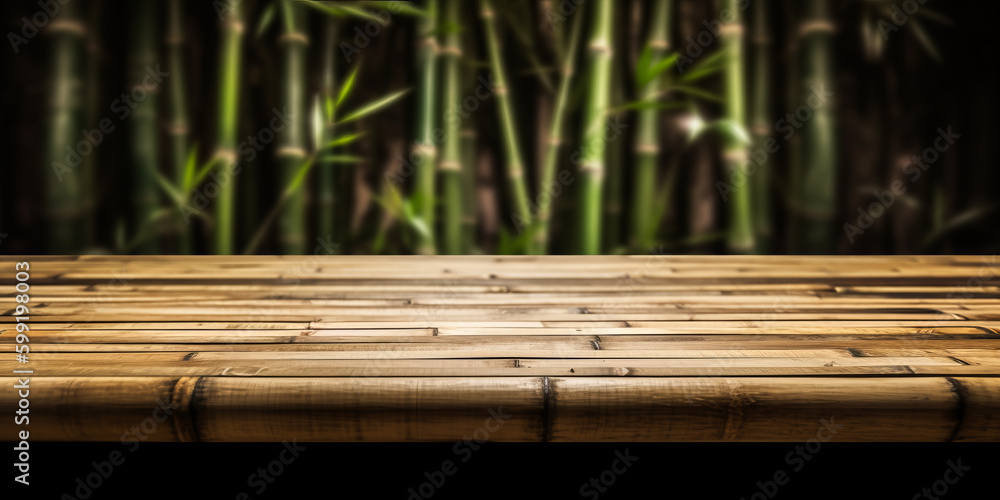 Poster empty wooden product display table with oriental bamboo background. generative ai