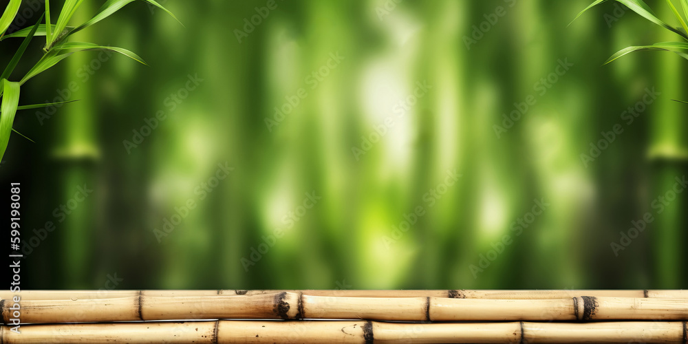 Poster empty wooden product display table with oriental bamboo background. generative ai