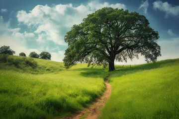 Fototapeta na wymiar Oak Tree in Meadow. Calming landscape of a meadow with an oak tree in the middle.Ai generated