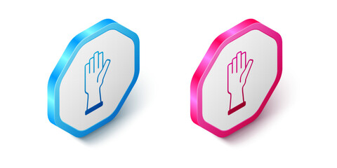 Isometric Protective gloves icon isolated on white background. Hexagon button. Vector