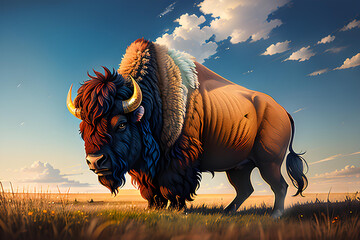 Fototapeta premium Illustration of bison in North American prairie.