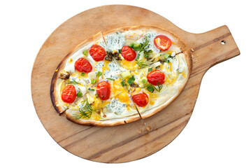 PNG. German cuisine, Flammkuchen with cheese and tomatoes on a wooden tray. Isolate 