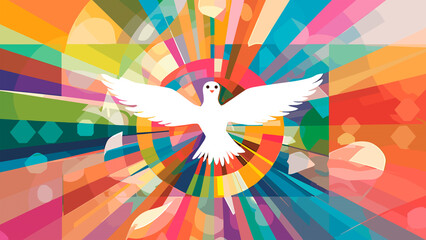 A colorful illustration of a white dove. Peace symbol. Corpus Christi Celebration.