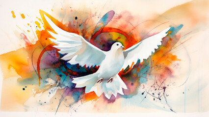 A abstract watercolor painting of a white dove of peace with wings spread. Peace symbol. Corpus Christi Celebration. - obrazy, fototapety, plakaty