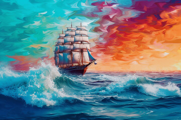 Vibrant Sailing Ship on the sea with big waves of colorful vibrant chromatic, representing an artistic concept with a splash of colors. Ai generated