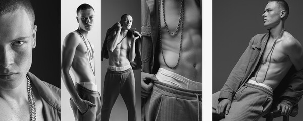 Collage with images of young gye, handsome fashion model with freckles posing shirtless over studio background. Monochrome
