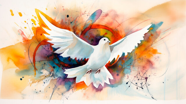 A abstract watercolor painting of a white dove of peace with wings spread. Peace symbol. Corpus Christi Celebration.