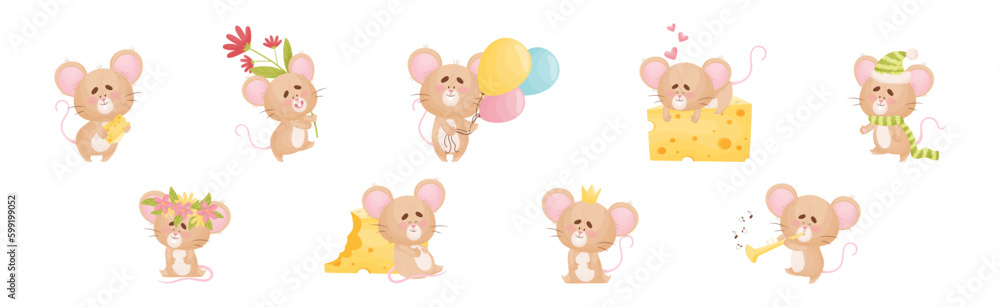 Poster cute little mouse character engaged in different activity vector set