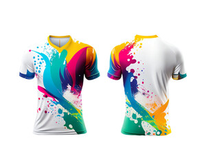 Mock up jersey with multicolor splash pattern and chest shape, isolated for object and retouch design on transparent background. Generative AI.