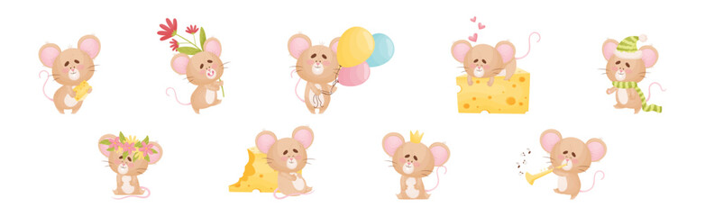 Cute Little Mouse Character Engaged in Different Activity Vector Set