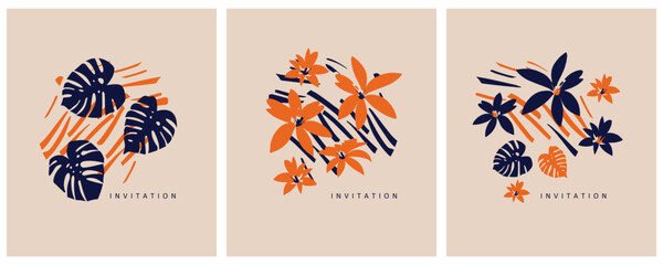 Simple Vector Print with Orange Hand Drawn Tropical Flowers and Royal Blue Monstera Leaves on a Dusty Beige Background. Modern Abstract Exotic Garden Design. Floral Print ideal for Invitation, Card. © Magdalena